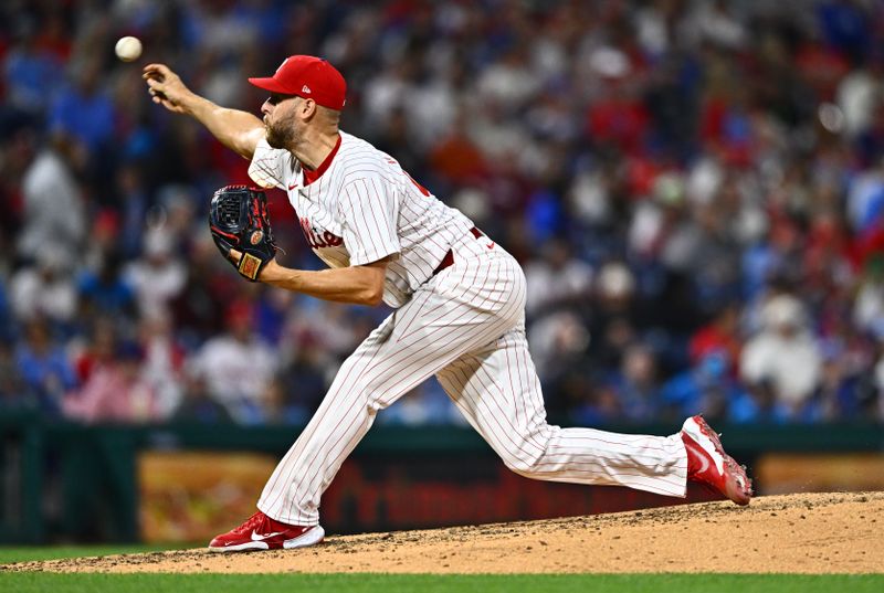 Apr 20, 2024; Philadelphia, Pennsylvania, USA; Philadelphia Phillies starting pitcher Zack Wheeler (45) throws a pitch against the Chicago White Sox in the seventh inning at Citizens Bank Park. Mandatory Credit: Kyle Ross-USA TODAY Sports