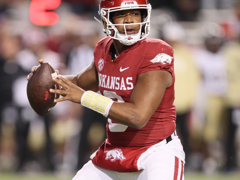 Nov 18, 2023; Fayetteville, Arkansas, USA; Arkansas Razorbacks quarterback Jacolby Criswell (6) looks to pass during the fourth quarter against the FIU Panthers at Donald W. Reynolds Razorback Stadium. Arkansas won 44-20. Mandatory Credit: Nelson Chenault-USA TODAY Sports