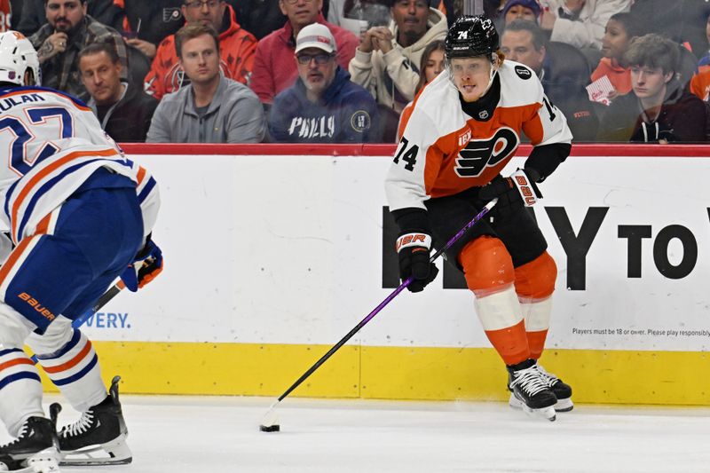 Nov 12, 2025; Philadelphia, Pennsylvania, USA; Philadelphia Flyers right wing Owen Tippett (74) skates with the puck against the Edmonton Oilers during the first period at Xfinity Mobile Arena. Mandatory Credit: Eric Hartline-Imagn Images