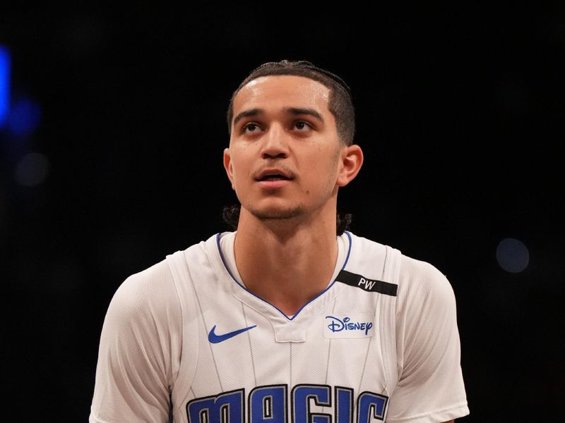 BROOKLYN, NY - DECEMBER 1: Anthony Black #0 of the Orlando Magic shoots a free throw during the game against the Brooklyn Nets on December 1, 2024 at Barclays Center in Brooklyn, New York. NOTE TO USER: User expressly acknowledges and agrees that, by downloading and or using this Photograph, user is consenting to the terms and conditions of the Getty Images License Agreement. Mandatory Copyright Notice: Copyright 2024 NBAE (Photo by Jesse D. Garrabrant/NBAE via Getty Images)