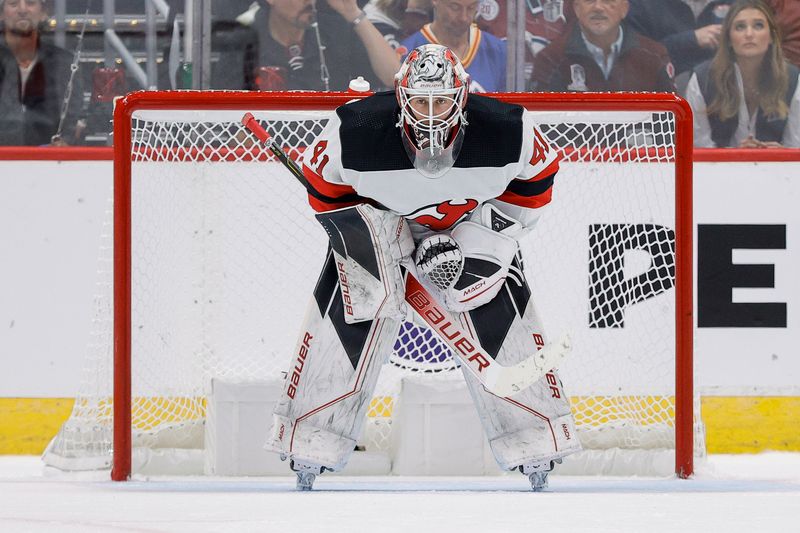 Nov 7, 2023; Denver, Colorado, USA; New Jersey Devils goaltender Vitek Vanecek (41) in the third period against the Colorado Avalanche at Ball Arena. Mandatory Credit: Isaiah J. Downing-USA TODAY Sports