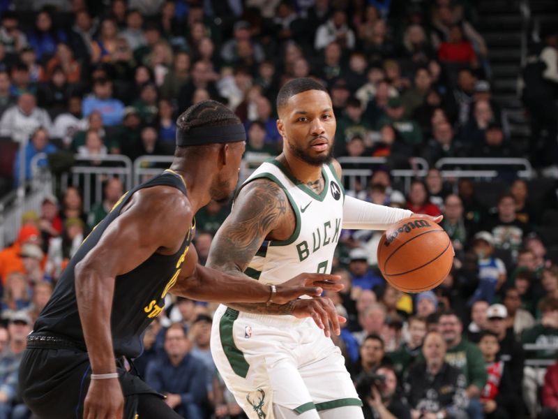 MILWAUKEE, WI - FEBRUARY 10: Damian Lillard #0 of the Milwaukee Bucks handles the ball during the game against the Golden State Warriors on February 10, 2025 at Fiserv Forum Center in Milwaukee, Wisconsin. NOTE TO USER: User expressly acknowledges and agrees that, by downloading and or using this Photograph, user is consenting to the terms and conditions of the Getty Images License Agreement. Mandatory Copyright Notice: Copyright 2025 NBAE (Photo by Gary Dineen/NBAE via Getty Images).