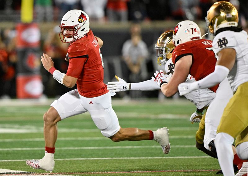 Oct 7, 2023; Louisville, Kentucky, USA;  Louisville Cardinals quarterback Evan Conley (6) runs the ball against the Notre Dame Fighting Irish during the first half at L&N Federal Credit Union Stadium. Mandatory Credit: Jamie Rhodes-USA TODAY Sports