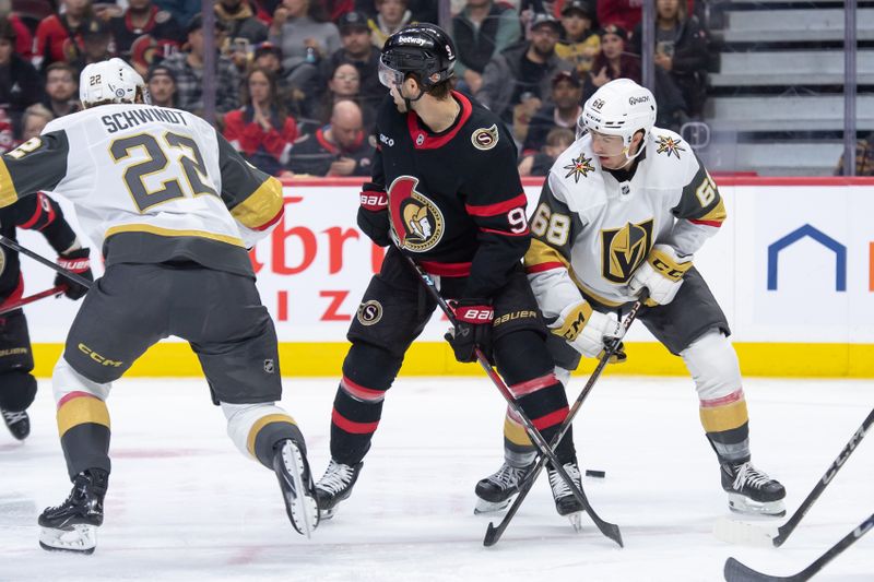 Nov 21, 2024; Ottawa, Ontario, CAN; Ottawa Senators center Josh Norris (9) and Vegas Golden Knights center Callahan Burke (68) lose sight of the puck following. a faceoff in the second period at the Canadian Tire Centre. Mandatory Credit: Marc DesRosiers-Imagn Images