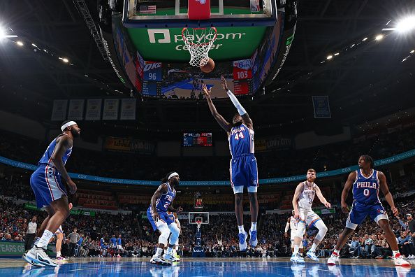 OKLAHOMA CITY, OK - NOVEMBER 25:  Paul Reed #44 of the Philadelphia 76ers grabs rebound during the game against the Oklahoma City Thunder on November 25, 2023 at Paycom Arena in Oklahoma City, Oklahoma. NOTE TO USER: User expressly acknowledges and agrees that, by downloading and or using this photograph, User is consenting to the terms and conditions of the Getty Images License Agreement. Mandatory Copyright Notice: Copyright 2023 NBAE (Photo by Zach Beeker/NBAE via Getty Images)