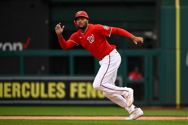 Jun 8, 2025; Washington, District of Columbia, USA; Washington Nationals left fielder James Wood (29) runs to second base against the Texas Rangers during the first inning at Nationals Park. Mandatory Credit: Brad Mills-Imagn Images