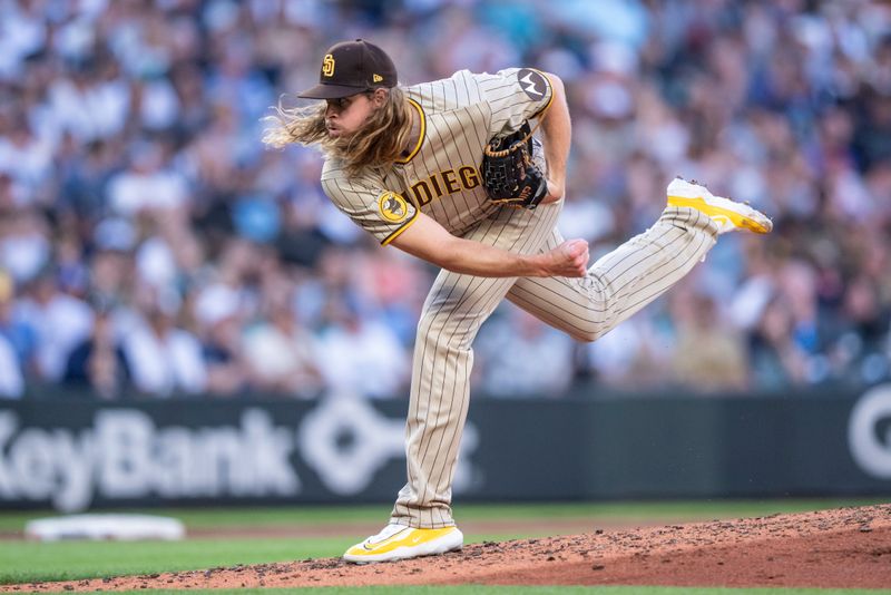 Aug 8, 2023; Seattle, Washington, USA; San Diego Padres reliever Scott Barlow (58) delivers a pitch during the fourth inning against the Seattle Mariners at T-Mobile Park. Mandatory Credit: Stephen Brashear-USA TODAY Sports