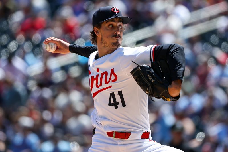 May 5, 2024; Minneapolis, Minnesota, USA; Minnesota Twins starting pitcher Joe Ryan (41) delivers a pitch against the Boston Red Sox during the first inning at Target Field. Mandatory Credit: Matt Krohn-USA TODAY Sports