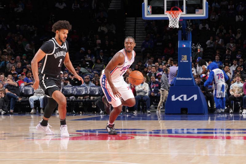 PHILADELPHIA, PA - OCTOBER 16: Tyrese Maxey #0 of the Philadelphia 76ers dribbles the ball during the game against the Brooklyn Nets during a NBA preseason game on October 16, 2024 at the Wells Fargo Center in Philadelphia, Pennsylvania NOTE TO USER: User expressly acknowledges and agrees that, by downloading and/or using this Photograph, user is consenting to the terms and conditions of the Getty Images License Agreement. Mandatory Copyright Notice: Copyright 2024 NBAE (Photo by Jesse D. Garrabrant/NBAE via Getty Images)