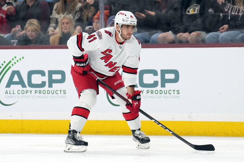 Mar 3, 2023; Tempe, Arizona, USA; Carolina Hurricanes defenseman Shayne Gostisbehere (41) looks on against the Arizona Coyotes during the first period at Mullett Arena. Mandatory Credit: Joe Camporeale-USA TODAY Sports