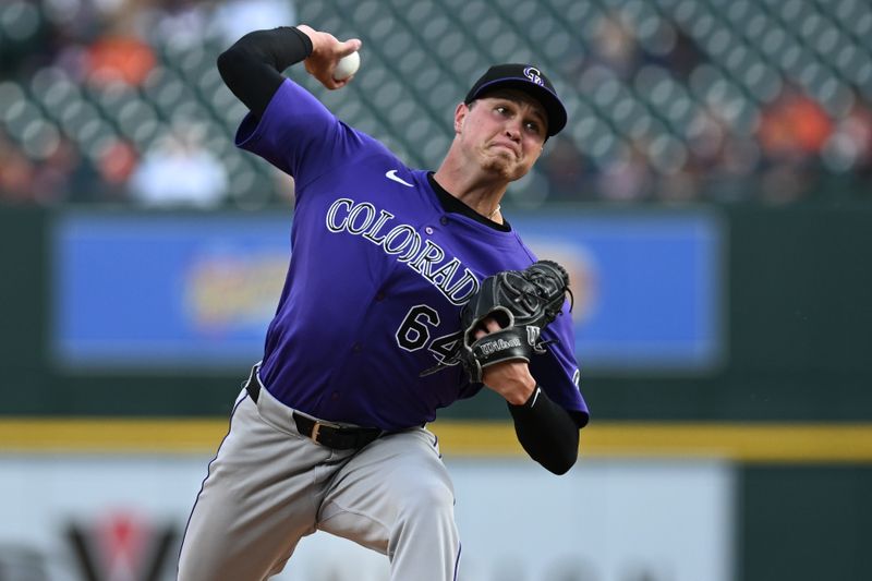 Sep 10, 2024; Detroit, Michigan, USA; Colorado Rockies starting pitcher Bradley Blalock (64) throws a pitch against the Detroit  in the first inning at Comerica Park. Mandatory Credit: Lon Horwedel-Imagn Images