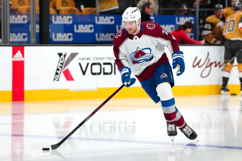 Apr 14, 2024; Las Vegas, Nevada, USA; Colorado Avalanche defenseman Devon Toews (7) warms up before the start of a game against the Vegas Golden Knights at T-Mobile Arena. Mandatory Credit: Stephen R. Sylvanie-USA TODAY Sports