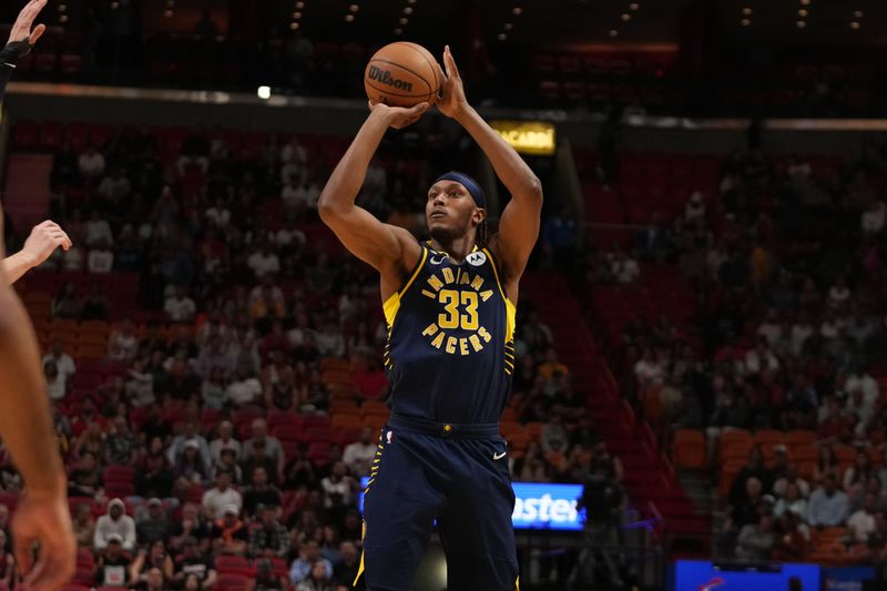 MIAMI, FL - FEBRUARY 8: Myles Turner #33 of the Indiana Pacers shoots the ball during the game against the Miami Heat on February 8, 2023 at Miami-Dade Arena in Miami, Florida. NOTE TO USER: User expressly acknowledges and agrees that, by downloading and or using this Photograph, user is consenting to the terms and conditions of the Getty Images License Agreement. Mandatory Copyright Notice: Copyright 2023 NBAE (Photo by Eric Espada/NBAE via Getty Images)