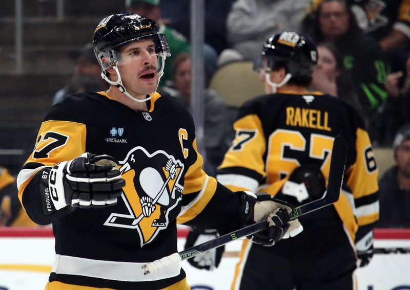 Nov 11, 2024; Pittsburgh, Pennsylvania, USA;  Pittsburgh Penguins center Sidney Crosby (87) and reacts on the ice against the Dallas Stars during the third period at PPG Paints Arena. Mandatory Credit: Charles LeClaire-Imagn Images