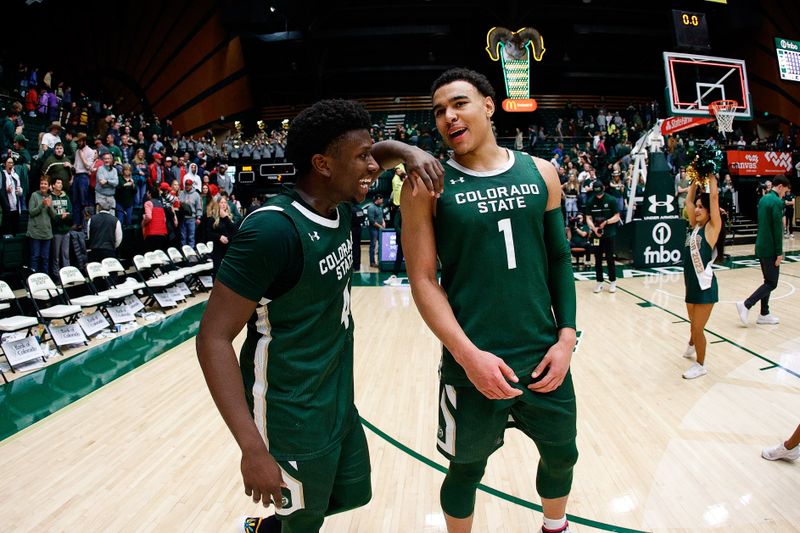 Mar 3, 2023; Fort Collins, Colorado, USA; Colorado State Rams guard Isaiah Stevens (4) and guard John Tonje (1) after the game against the New Mexico Lobos at Moby Arena. Mandatory Credit: Isaiah J. Downing-USA TODAY Sports