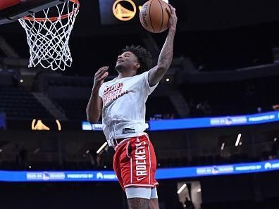 SAN FRANCISCO, CA - NOVEMBER 20: Jalen Green #4 of the Houston Rockets warms up before the game the game against the Golden State Warriors on November 20, 2023 at Chase Center in San Francisco, California. NOTE TO USER: User expressly acknowledges and agrees that, by downloading and or using this photograph, user is consenting to the terms and conditions of Getty Images License Agreement. Mandatory Copyright Notice: Copyright 2023 NBAE (Photo by Noah Graham/NBAE via Getty Images)