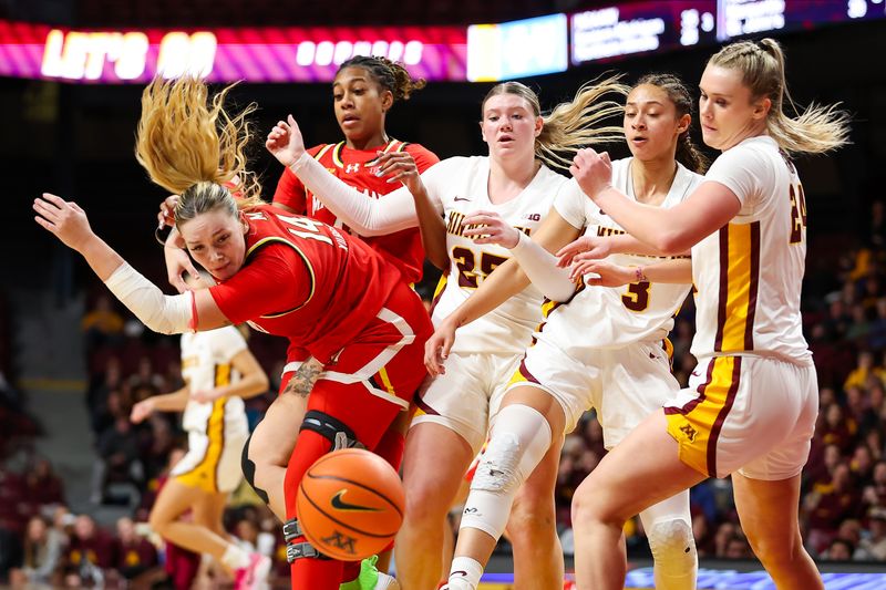 Jan 3, 2024; Minneapolis, Minnesota, USA; Minnesota Golden Gophers and Maryland Terrapins players compete for the ball during the first half at Williams Arena. Mandatory Credit: Matt Krohn-USA TODAY Sports