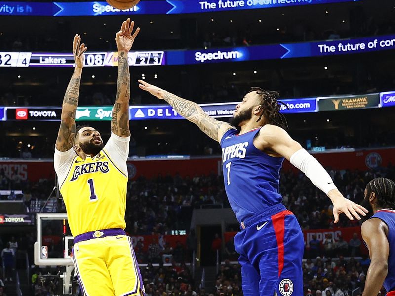 LOS ANGELES, CALIFORNIA - JANUARY 23: D'Angelo Russell #1 of the Los Angeles Lakers takes a shot against Amir Coffey #7 of the LA Clippers in the second half at Crypto.com Arena on January 23, 2024 in Los Angeles, California.  NOTE TO USER: User expressly acknowledges and agrees that, by downloading and/or using this photograph, user is consenting to the terms and conditions of the Getty Images License Agreement.  (Photo by Ronald Martinez/Getty Images)