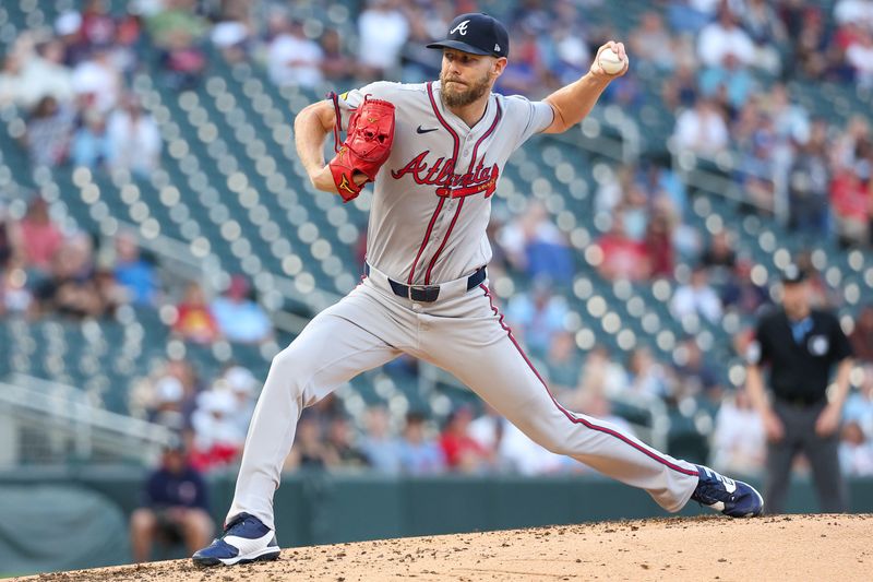 Aug 28, 2024; Minneapolis, Minnesota, USA; Atlanta Braves starting pitcher Chris Sale (51) delivers a pitch against the Minnesota Twins during the second inning at Target Field. Mandatory Credit: Matt Krohn-USA TODAY Sports