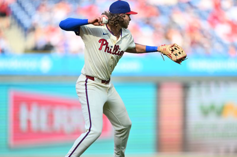 Aug 28, 2024; Philadelphia, Pennsylvania, USA; Philadelphia Phillies infielder Alec Bohm (28) throws to first against the Houston Astros in the third inning at Citizens Bank Park. Mandatory Credit: Kyle Ross-USA TODAY Sports