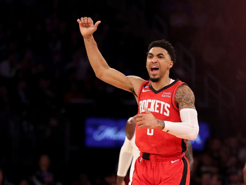 NEW YORK, NEW YORK - MARCH 27: Kenyon Martin Jr. #6 of the Houston Rockets encourages his teammates to get back after eh sunk a three point shot during the first half against the New York Knicks at Madison Square Garden on March 27, 2023 in New York City. NOTE TO USER: User expressly acknowledges and agrees that, by downloading and or using this photograph, User is consenting to the terms and conditions of the Getty Images License Agreement. (Photo by Elsa/Getty Images)