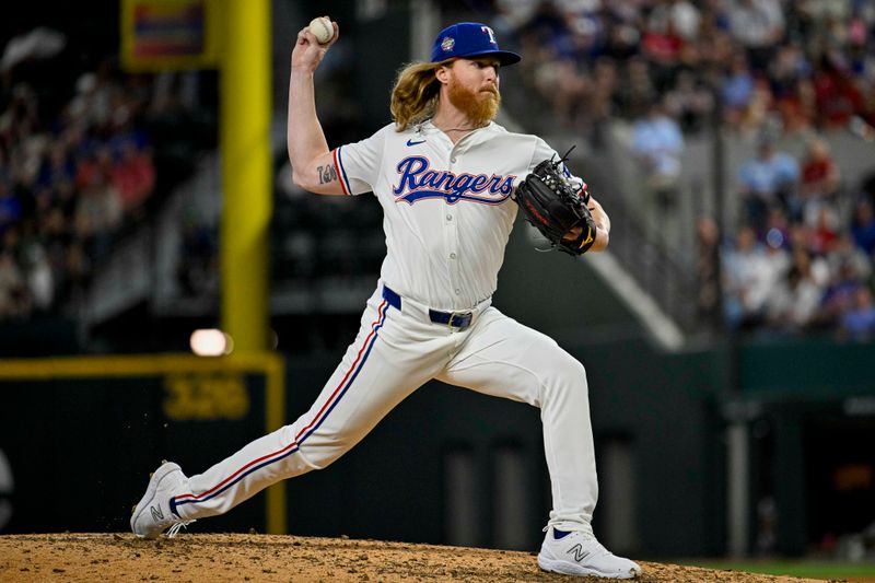 Jun 8, 2024; Arlington, Texas, USA; Texas Rangers starting pitcher Jon Grey (22) pitches in relief during the game between the Rangers and the San Francisco Giants at Globe Life Field. Mandatory Credit: Jerome Miron-USA TODAY Sports