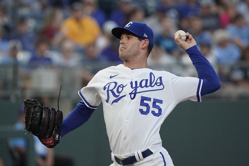 Aug 29, 2023; Kansas City, Missouri, USA; Kansas City Royals starting pitcher Cole Ragans (55) delivers a pitch against the Pittsburgh Pirates in the first inning at Kauffman Stadium. Mandatory Credit: Denny Medley-USA TODAY Sports