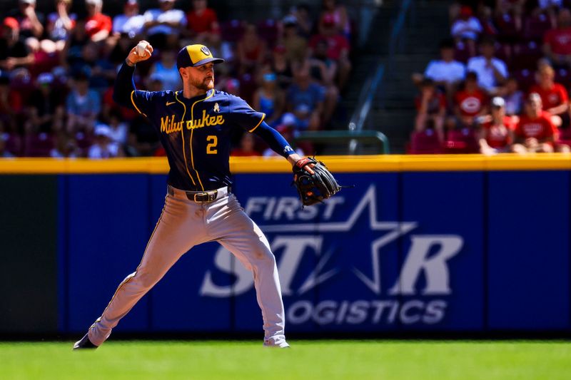 Sep 1, 2024; Cincinnati, Ohio, USA; Milwaukee Brewers second baseman Brice Turang (2) throws to first to get Cincinnati Reds catcher Tyler Stephenson (not pictured) out in the ninth inning at Great American Ball Park. Mandatory Credit: Katie Stratman-USA TODAY Sports