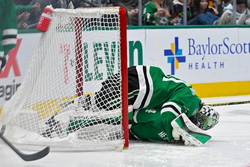 Jan 4, 2024; Dallas, Texas, USA; Dallas Stars defenseman Miro Heiskanen (4) collides with goaltender Scott Wedgewood (41) as they face the Colorado Avalanche attack during the third period at the American Airlines Center. Mandatory Credit: Jerome Miron-USA TODAY Sports