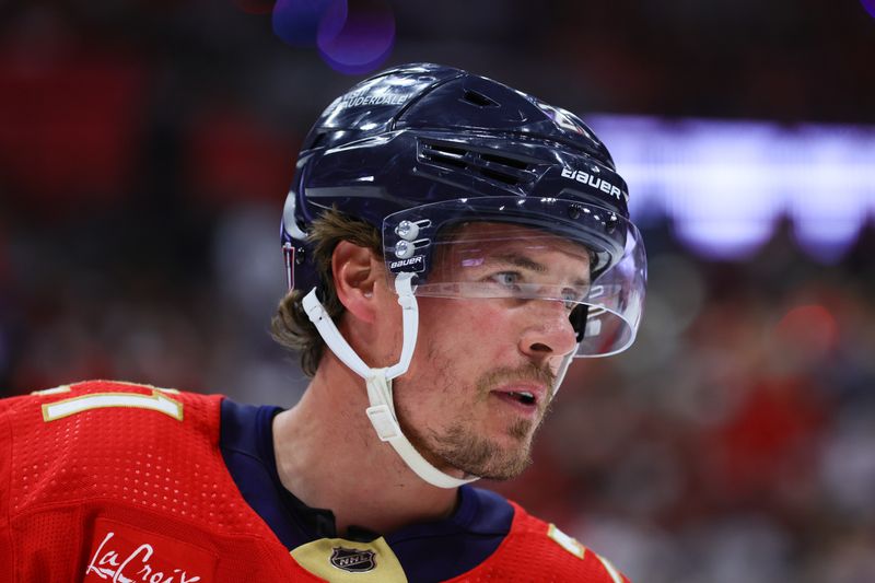 May 6, 2024; Sunrise, Florida, USA; Florida Panthers center Nick Cousins (21) looks on against the Boston Bruins during the second period in game one of the second round of the 2024 Stanley Cup Playoffs at Amerant Bank Arena. Mandatory Credit: Sam Navarro-USA TODAY Sports