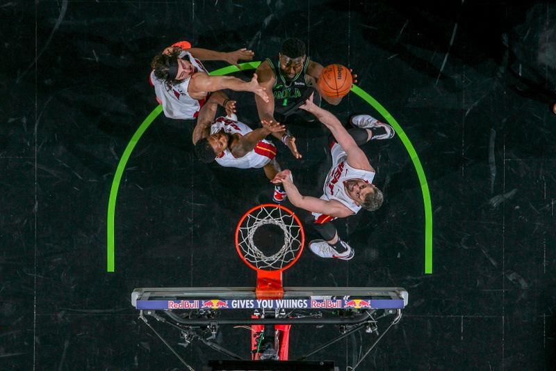 NEW ORLEANS, LA - FEBRUARY 23: Zion Williamson #1 of the New Orleans Pelicans shoots the ball during the game against the Miami Heat on February 23, 2024 at the Smoothie King Center in New Orleans, Louisiana. NOTE TO USER: User expressly acknowledges and agrees that, by downloading and or using this Photograph, user is consenting to the terms and conditions of the Getty Images License Agreement. Mandatory Copyright Notice: Copyright 2024 NBAE (Photo by Layne Murdoch Jr./NBAE via Getty Images)