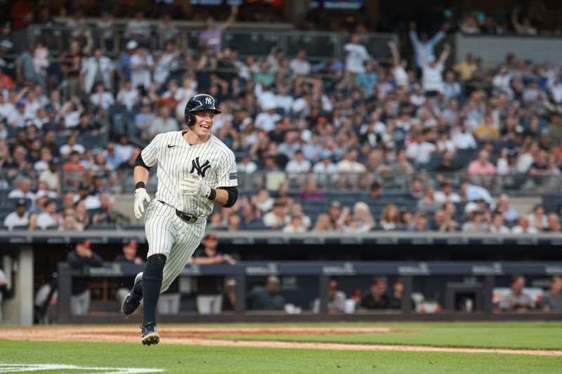 Jun 18, 2024; Bronx, New York, USA; New York Yankees first baseman Ben Rice (93) singles during the third inning against the Baltimore Orioles at Yankee Stadium. Mandatory Credit: Vincent Carchietta-USA TODAY Sports