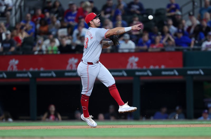 Apr 26, 2024; Arlington, Texas, USA;  Cincinnati Reds first baseman Christian Encarnacion-Strand (33) fields a ground ball and throws to first base during the first inning against the Texas Rangers at Globe Life Field. Mandatory Credit: Kevin Jairaj-USA TODAY Sports