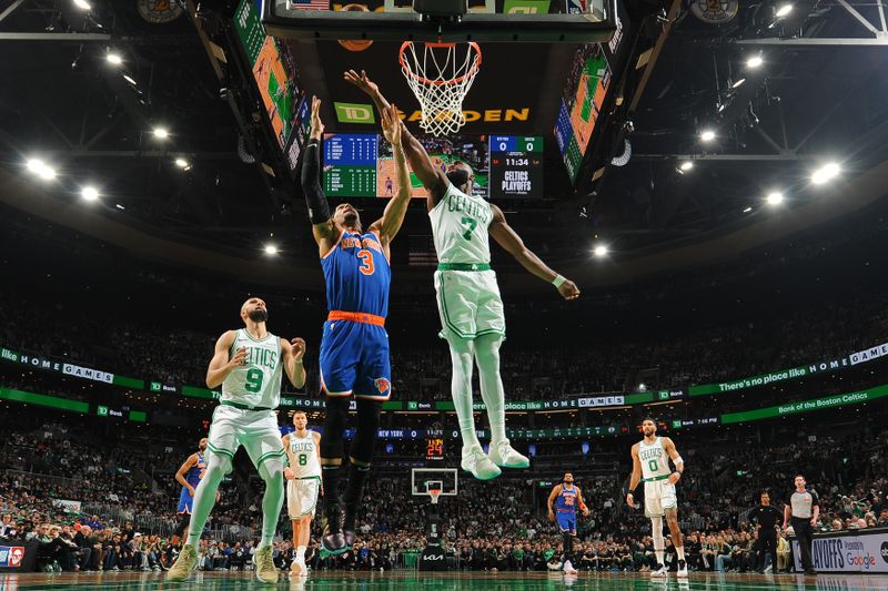 BOSTON, MA - MAY 5: Jaylen Brown #7 of the Boston Celtics drives to the basket during the game against the New York Knicks during Round Two Game One of the 2025 NBA Playoffs on May 5, 2025 at TD Garden in Boston, Massachusetts. NOTE TO USER: User expressly acknowledges and agrees that, by downloading and/or using this Photograph, user is consenting to the terms and conditions of the Getty Images License Agreement. Mandatory Copyright Notice: Copyright 2025 NBAE (Photo by Brian Babineau/NBAE via Getty Images)
