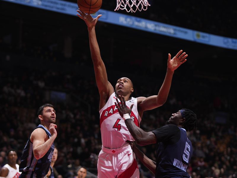 TORONTO, CANADA - JANUARY 22: Scottie Barnes #4 of the Toronto Raptors shoots the ball during the game against the Memphis Grizzlies on January 22, 2024 at the Scotiabank Arena in Toronto, Ontario, Canada.  NOTE TO USER: User expressly acknowledges and agrees that, by downloading and or using this Photograph, user is consenting to the terms and conditions of the Getty Images License Agreement.  Mandatory Copyright Notice: Copyright 2024 NBAE (Photo by Mark Blinch/NBAE via Getty Images)