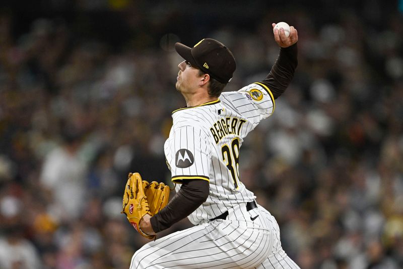Apr 26, 2025; San Diego, California, USA; San Diego Padres starting pitcher Ryan Bergert (38) delivers during the eighth inning against the Tampa Bay Rays at Petco Park. Mandatory Credit: Denis Poroy-Imagn Images