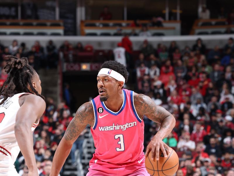 CHICAGO, IL - FEBRUARY 26: Bradley Beal #3 of the Washington Wizards dribbles the ball during the game against the Chicago Bulls on February 26, 2023 at United Center in Chicago, Illinois. NOTE TO USER: User expressly acknowledges and agrees that, by downloading and or using this photograph, User is consenting to the terms and conditions of the Getty Images License Agreement. Mandatory Copyright Notice: Copyright 2023 NBAE (Photo by Jeff Haynes/NBAE via Getty Images)