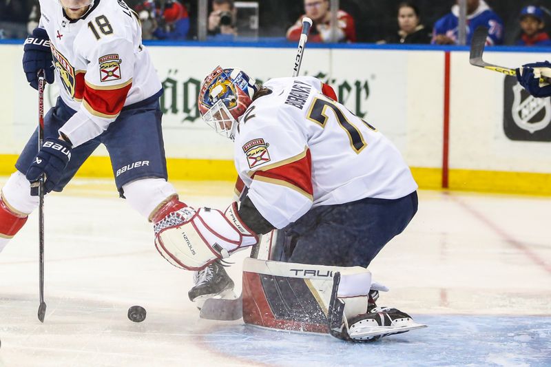 Mar 23, 2024; New York, New York, USA; Florida Panthers goaltender Sergei Bobrovsky (72) makes a save on a shot on goal attempt in the second period against the New York Rangers at Madison Square Garden. Mandatory Credit: Wendell Cruz-USA TODAY Sports