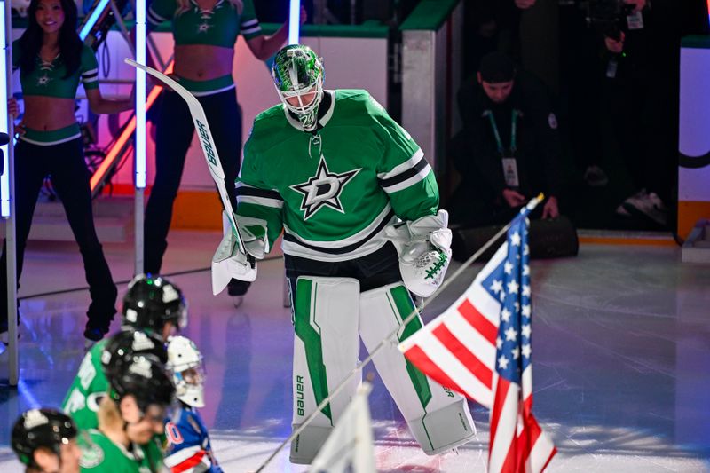 Feb 4, 2026; Dallas, Texas, USA; Dallas Stars goaltender Jake Oettinger (29) takes the ice as the Stars celebrate their 2026 Winter Olympics hockey players before the game against the St. Louis Blues at the American Airlines Center. Mandatory Credit: Jerome Miron-Imagn Images