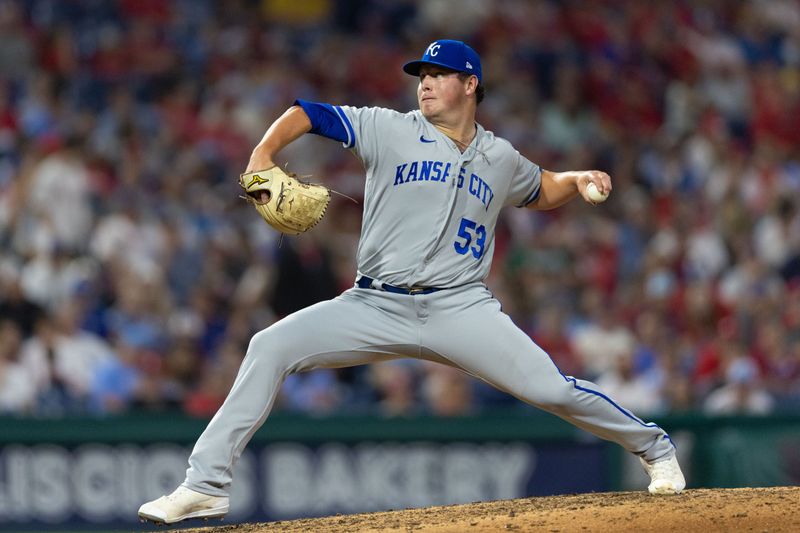 Aug 4, 2023; Philadelphia, Pennsylvania, USA; Kansas City Royals relief pitcher Austin Cox (53) throws a pitch during the ninth inning against the Philadelphia Phillies at Citizens Bank Park. Mandatory Credit: Bill Streicher-USA TODAY Sports