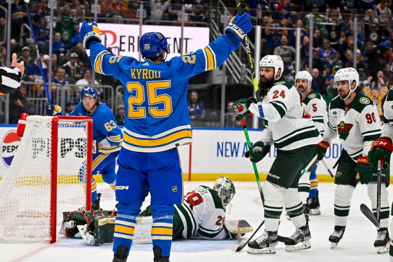 Mar 16, 2024; St. Louis, Missouri, USA;  St. Louis Blues center Jordan Kyrou (25) reacts after scoring against the Minnesota Wild during the second period at Enterprise Center. Mandatory Credit: Jeff Curry-USA TODAY Sports