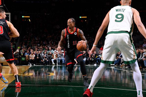 BOSTON, MA - NOVEMBER 28: DeMar DeRozan #11 of the Chicago Bulls dribbles the ball during the game against the Boston Celtics  during the In-Season Tournament on November 28, 2023 at the TD Garden in Boston, Massachusetts. NOTE TO USER: User expressly acknowledges and agrees that, by downloading and or using this photograph, User is consenting to the terms and conditions of the Getty Images License Agreement. Mandatory Copyright Notice: Copyright 2023 NBAE  (Photo by Brian Babineau/NBAE via Getty Images)