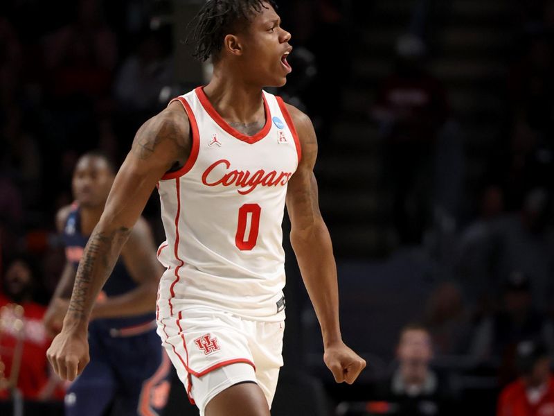 Mar 18, 2023; Birmingham, AL, USA; Houston Cougars guard Marcus Sasser (0) reacts after a play during the second half against the Auburn Tigers at Legacy Arena. Mandatory Credit: Vasha Hunt-USA TODAY Sports