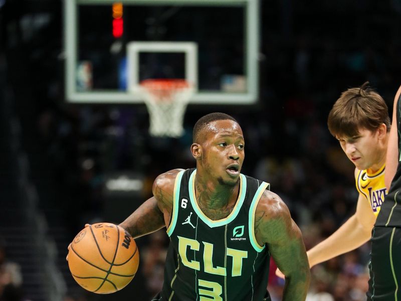 CHARLOTTE, NC - JANUARY 2: Terry Rozier #3 of the Charlotte Hornets drives to the basket against the Los Angeles Lakers on January 2, 2023 at Spectrum Center in Charlotte, North Carolina. NOTE TO USER: User expressly acknowledges and agrees that, by downloading and or using this photograph, User is consenting to the terms and conditions of the Getty Images License Agreement. Mandatory Copyright Notice: Copyright 2023 NBAE (Photo by Brock Williams-Smith/NBAE via Getty Images)