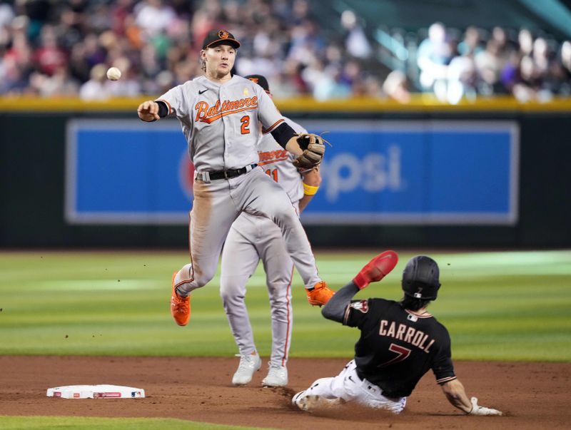 Sep 3, 2023; Phoenix, Arizona, USA; Baltimore Orioles shortstop Gunnar Henderson (2) throws to first base after forcing out Arizona Diamondbacks right fielder Corbin Carroll (7) at second base during the seventh inning at Chase Field. Mandatory Credit: Joe Camporeale-USA TODAY Sports