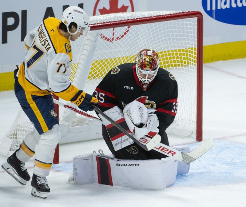 Oct 13, 2025; Ottawa, Ontario, CAN; Ottawa Senators goalie Lunus Ullmark (35) makes a save in front of Nashville Predators right wing Luke Evangelista (77) in the third period at the Canadian Tire Centre. Mandatory Credit: Marc DesRosiers-IMAGN Images