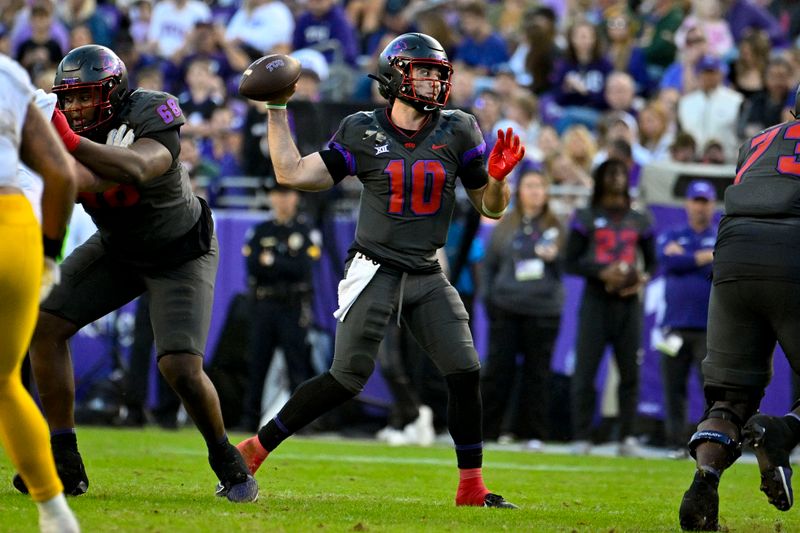 Nov 18, 2023; Fort Worth, Texas, USA; TCU Horned Frogs quarterback Josh Hoover (10) passes against the Baylor Bears during the second half at Amon G. Carter Stadium. Mandatory Credit: Jerome Miron-USA TODAY Sports