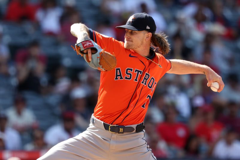 Jun 9, 2024; Anaheim, California, USA;  Houston Astros relief pitcher Josh Hader (71) pitches during the eighth inning against the Los Angeles Angels at Angel Stadium. Mandatory Credit: Kiyoshi Mio-USA TODAY Sports