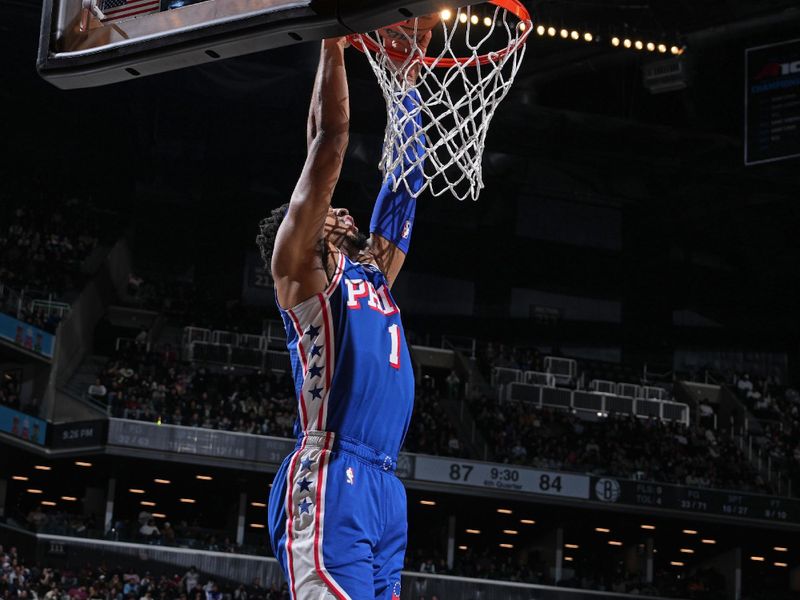 BROOKLYN, NY - MARCH 5: Kenyon Martin Jr. #1 of the Philadelphia 76ers dunks the ball during the game against the Brooklyn Nets on March 5, 2024 at Barclays Center in Brooklyn, New York. NOTE TO USER: User expressly acknowledges and agrees that, by downloading and or using this Photograph, user is consenting to the terms and conditions of the Getty Images License Agreement. Mandatory Copyright Notice: Copyright 2024 NBAE (Photo by Jesse D. Garrabrant/NBAE via Getty Images)