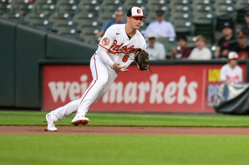 Sep 13, 2023; Baltimore, Maryland, USA;  Baltimore Orioles first baseman Ryan Mountcastle (6) fields a first inning ground ball against the St. Louis Cardinals at Oriole Park at Camden Yards. Mandatory Credit: Tommy Gilligan-USA TODAY Sports